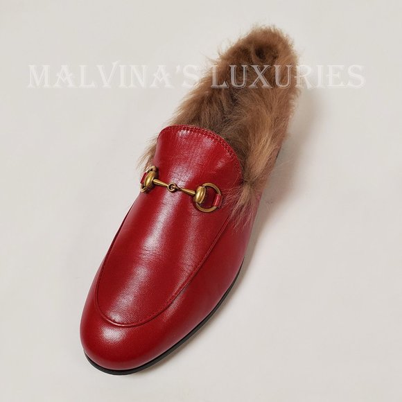 GUCCI SHOES JORDAAN HORSEBIT SHEARLING FUR RED LEATHER LOAFERS 37.5 7.5 US - Picture 8 of 16